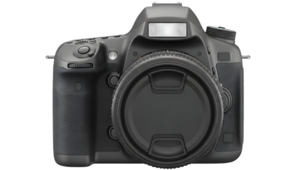 Black digital single lens reflex camera body with lens mount and various buttons and dials on a white background