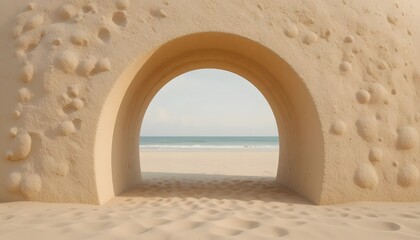 Close-up of smooth sculpted sand archway, gentle seaside lighting.
