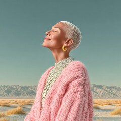 Gelassene Frau mit kurzem grauen Haar genie&szlig;t Sonne in weiter Landschaft