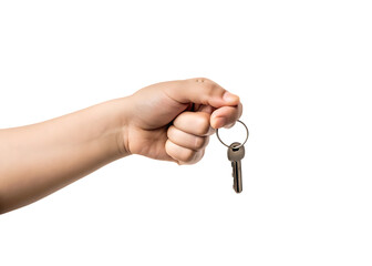 Hand holding silver key with metal keychain isolated on a transparent background