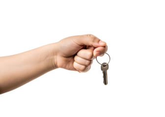 Hand holding silver key with metal keychain isolated on a transparent background