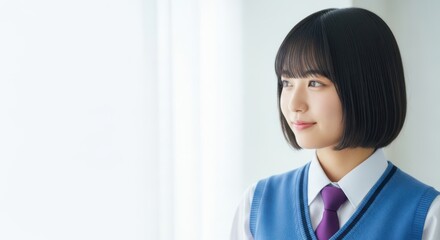 Young japanese woman in school uniform looking thoughtfully out a window