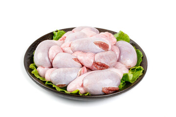 Fresh Raw Pig Chicken Thighs and Liver on Plate with Lettuce