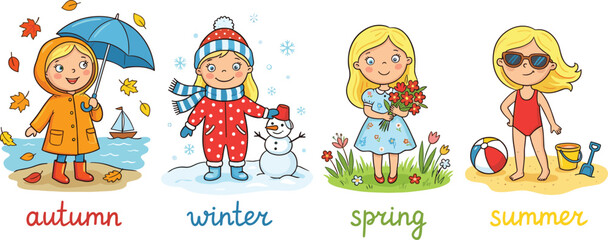 Fototapeta premium Four seasons cartoon, autumn winter spring summer, kids in seasonal outfits, nature elements, flat vector illustration, educational, playful