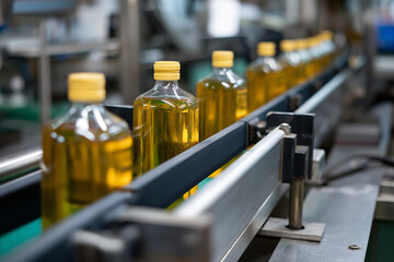 A detailed view of a production line filled with clear bottles of olive oil, showcasing the manufacturing process in a modern factory setting that highlights efficiency and quality.