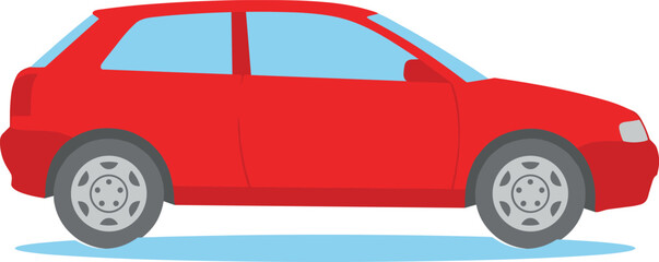 Red compact car side view, hatchback design, tinted windows, gray wheels, flat vector illustration, transportation, vehicle, auto icon