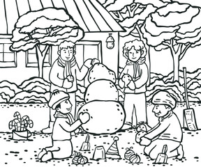 people building snowman doodle sketch illustration
