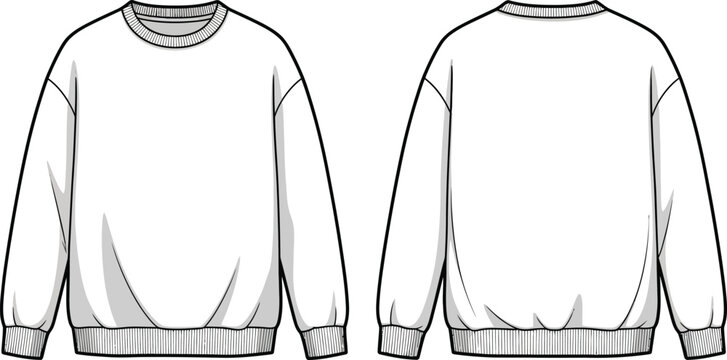 Minimalist cad style crewneck sweatshirt fashion flat vector set front back views technical drawing apparel design template isolated on transparent background