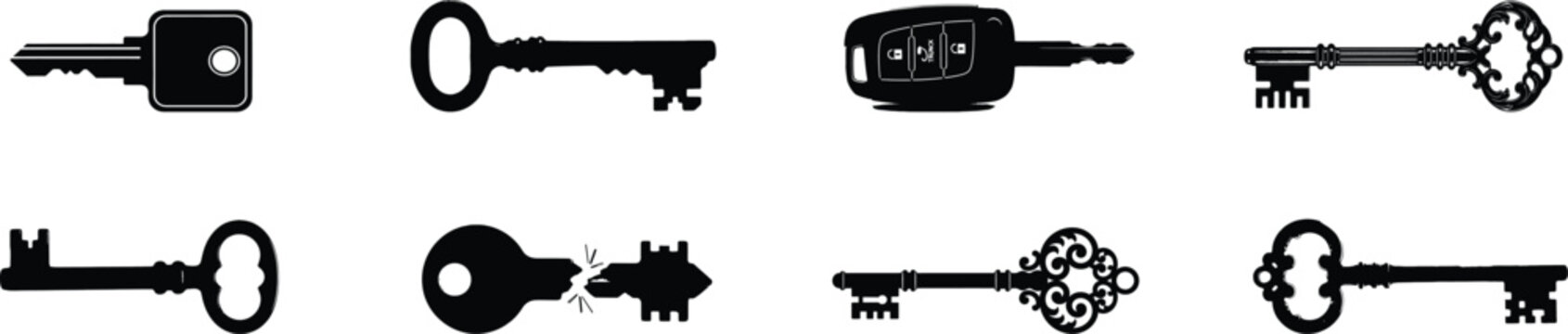 A collection of various old fashioned keys on a white background