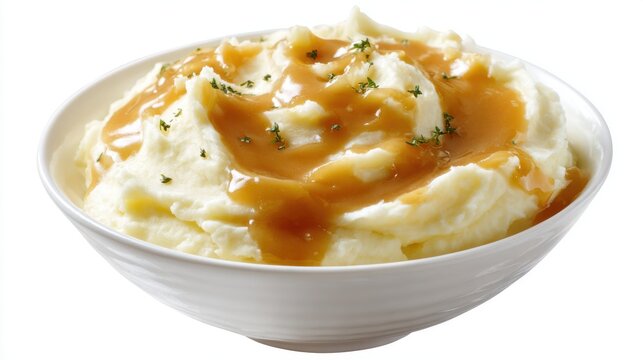 Bowl of mashed potatoes with gravy isolated on white background