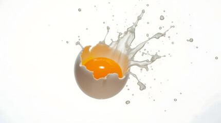 Dynamic high-speed photo of a raw egg cracking mid-air. Action shot of yolk and white separating on a white background.