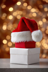 Santa hat red gift box white gift box fur trim pom pom holiday Christmas festive bokeh lights warm glow. Santa hat stacked gift box with soft fur trim and pom pom, holiday Christmas decor with