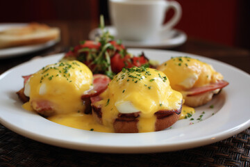 A gourmet plate of Eggs Benedict garnished with fresh greens and tomatoes, showcasing culinary art and inviting appetites for a delightful brunch experience.
