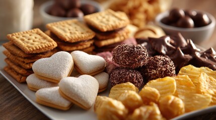 Fototapeta premium Assortment of sweet and savory snacks including cookies, chocolates, and chips on a platter