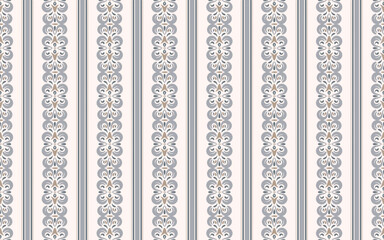 Wallpaper Seamless pattern. Ornate background with vertical stripes in pastel colors and classic, formal style associated with European interiors. For high-end wallpaper, drapery, fabric