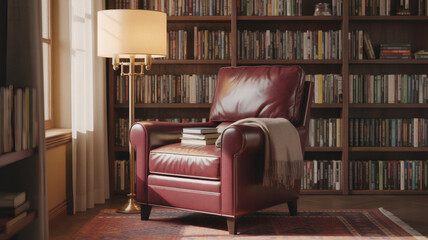Cozy reading corner with a comfortable red leather armchair next to a tall lamp and a bookshelf