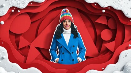 Woman in blue coat and red hat in 3d parallax layers. Geometric red and white winter scene with snowy cutouts. Stylish fashion visualization concept.