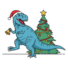 Tyrannosaurus rex cartoon character celebrates holiday season ringing golden bell by pine tree