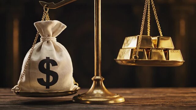 A balance scale weighing a dollar money bag against a stack of gold bars. Comparing the value of currency versus precious metals. Finance and investment concept