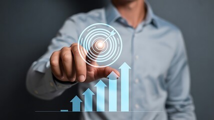 Business professional interacting with glowing holographic growth interface and upward data arrows in a modern office setting-Technology Background