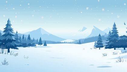 Snowy winter mountain valley vector illustration with pine trees gentle snowfall distant peaks and wide open snowfield peaceful cold season landscape for backgrounds posters and designs