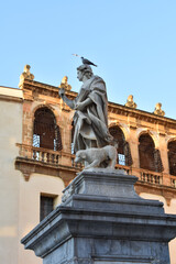 Piazza della Repubblica, with San Vito statue in Mazara del Vallo, Trapani province, Sicily, Italy. Travel and tourism concept. Holidays in Sicily. Travel to Italy. Sightseeing in Sicily. 