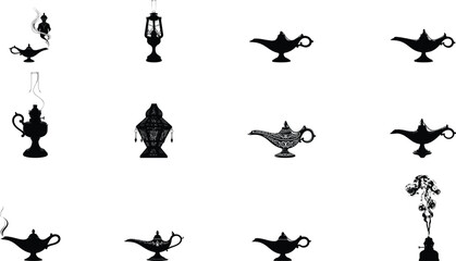 Collection of black and white oil lamp silhouettes