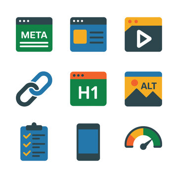 Seo metadata and content optimization icon set with meta tag heading alt text checklist mobile audit flat vector illustration