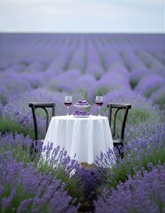 Eine lilafarbene Nachmittags Atmosph&auml;re inmitten eines Lavendelfelds, mit einem runden Tisch, einer Etagere mit lila Macarons.