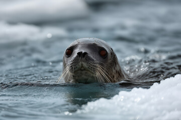Fototapeta premium This stunning image captures a curious seal emerging from the crystal clear waters, showcasing its inquisitive nature and the beauty of marine life in its natural habitat.