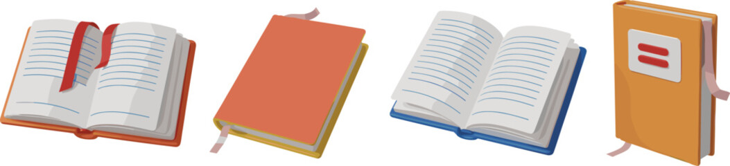 Books and notebooks illustration set, colorful open closed journals icons for education learning design projects