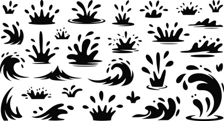 Black water splash silhouettes set, abstract liquid wave splash effects illustration for design projects graphics