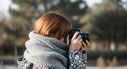 Female photographer taking photos outdoors in autumn daylight
