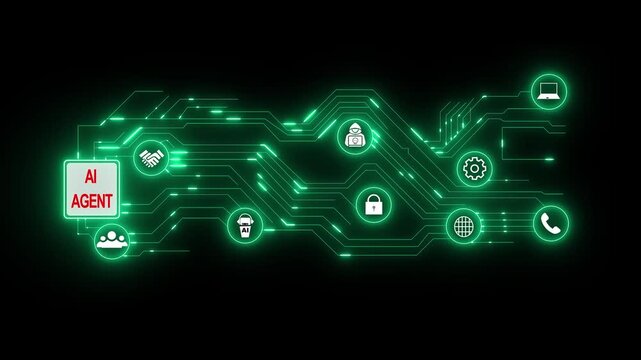 Digital Project Network Technology Circuit Board Animation Glowing Lines Nodes Icons. Network Technology And Circuit Boards Boost Startup Success. Collaboration And Security Drive Business Growth.