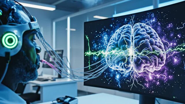 African American man wearing VR headset connected to computer displaying brain simulation. Neural interface technology in futuristic lab for mind exploration and data visualization.