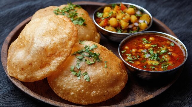A wooden plate with three puffed puri, chana masala, and chole curry with cilantro on a dark textured background