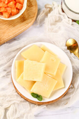 Fresh German Cheese Cubes on White Plate - Food Styling