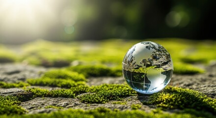 Glass globe on mossy forest floor in soft morning sunlight
