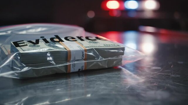 Stacks of cash in a police evidence bag at a crime scene. Confiscated dollar bills from a criminal investigation with flashing police lights. Financial crime and corruption concept