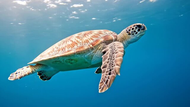 A majestic sea turtle gracefully swims through clear blue ocean water surrounded by sunlight