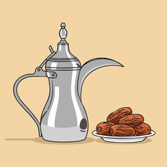 Illustration of a traditional Arabic coffee pot and plate of dates on a beige background with a simple, elegant design.