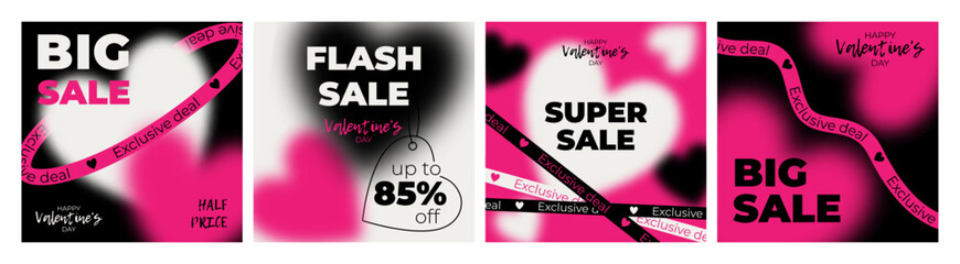 Valentine's Day sale poster set. Pink, black and warm white background with blurred hearts, modern bright design.