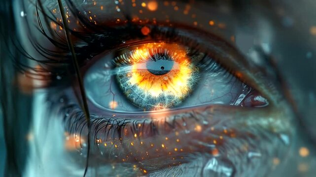 Close up of a human eye with a fiery iris and sparkling lights.