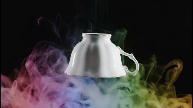 Upside down teacup pouring colorful mist in dark void