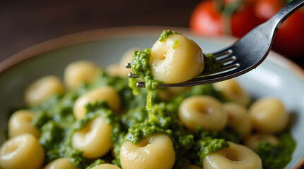 Dynamic macro shot of a fork piercing a fluffy piece of gnocchi covered in green pesto sauce.