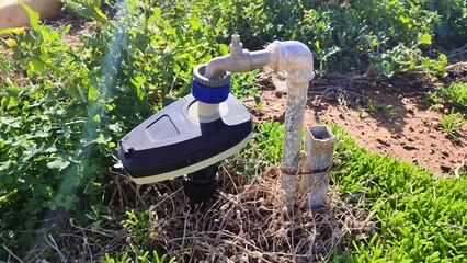 Garden water irrigation timer connected to outdoor tap watering system