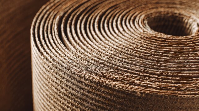 Close-up of a roll of corrugated cardboard with a brown textured surface and visible ridges, abstract background