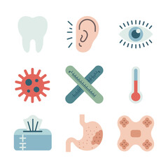 Human senses and illness warning icons collection with eye ear tooth virus thermometer bandage flat vector illustration © RA Studio