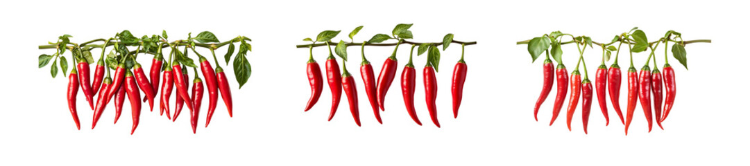 set of Fresh red chili peppers with large shiny branches hanging down, isolated on a white background.