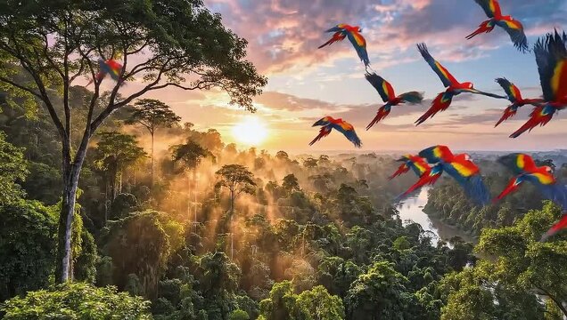 A vibrant flock of Scarlet Macaws paints the tropical sky during a spectacular golden hour sunrise over the misty Amazon.